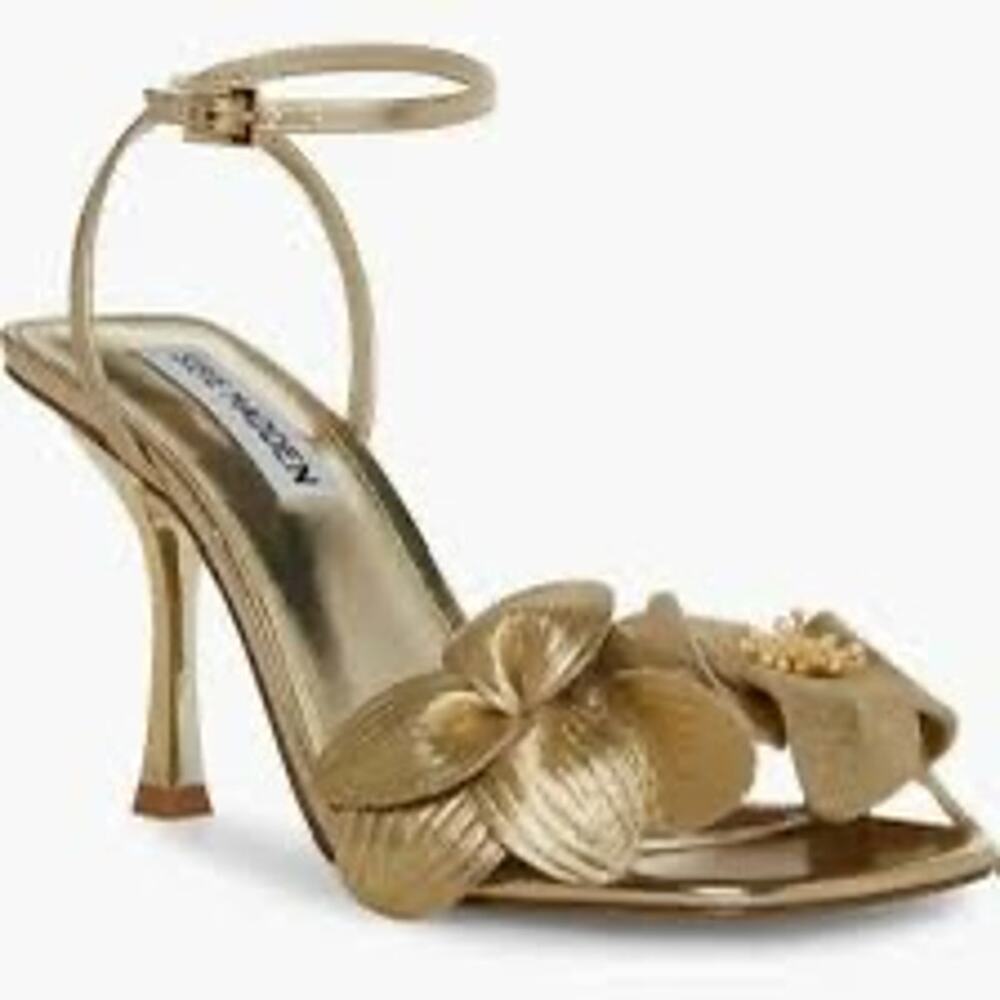 Steve Madden Amani Floral Heeled Sandals Gold Metallic Size 10 NWOT